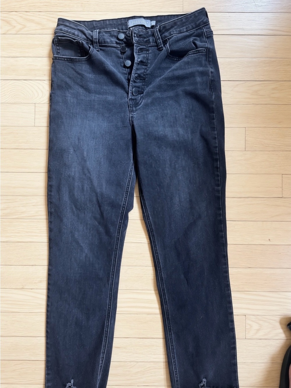 Just USA High Rise Button fly straight jeans/ washed black/frayed hem size 30/10